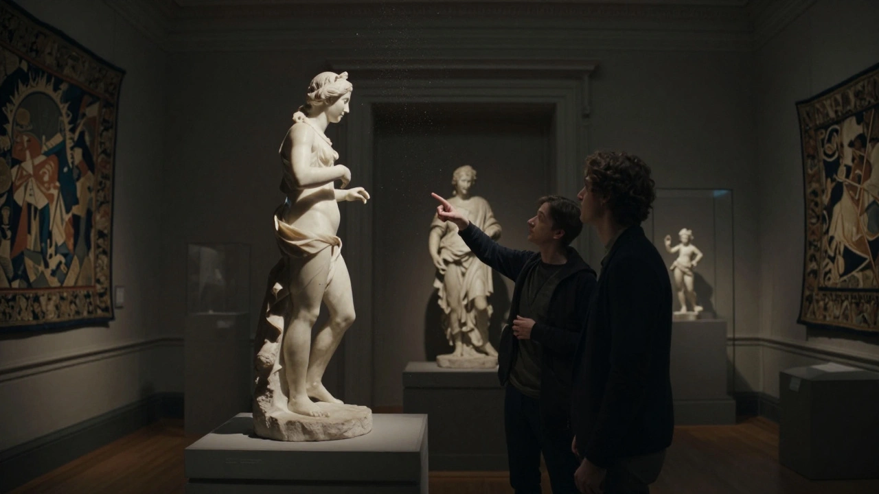 Two people admiring Renaissance art in an empty museum after hours, bathed in soft spotlight.