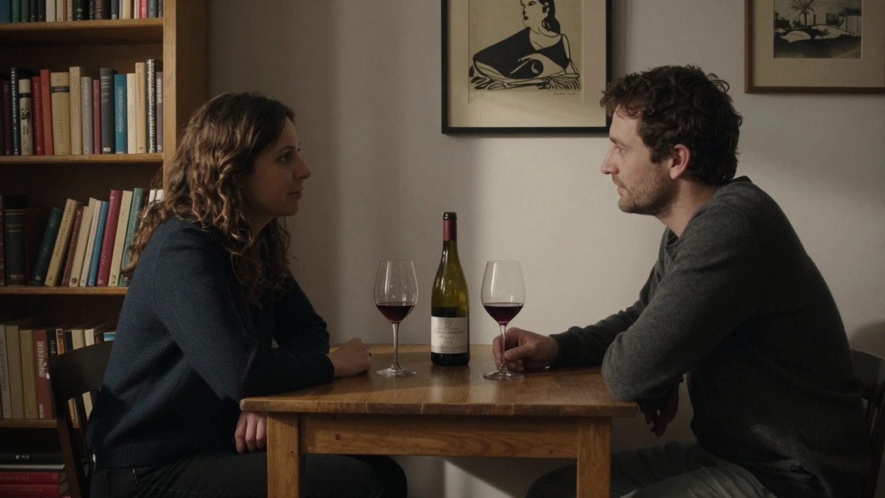 Two people share quiet conversation over wine in a cozy Parisian apartment.