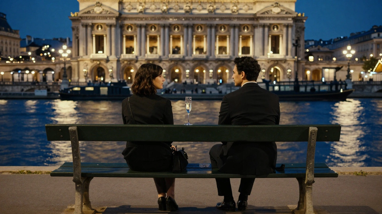 Two people sit silently on a bench near the Opéra, city lights reflecting on the Seine at midnight.