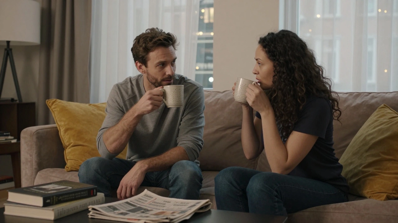 Two people sitting calmly on a sofa in a cozy flat, sharing tea and quiet conversation in soft natural light.