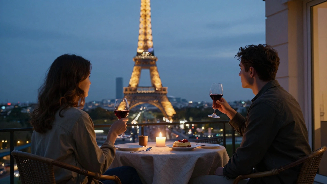 Two people sitting in silent companionship on a terrace at dusk, overlooking the sparkling Eiffel Tower.