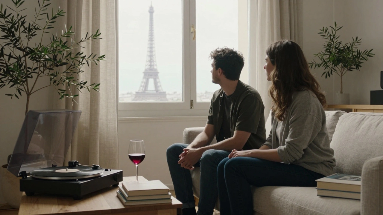 Two people sitting quietly in a sunlit studio, gazing at Montparnasse Tower through a window.