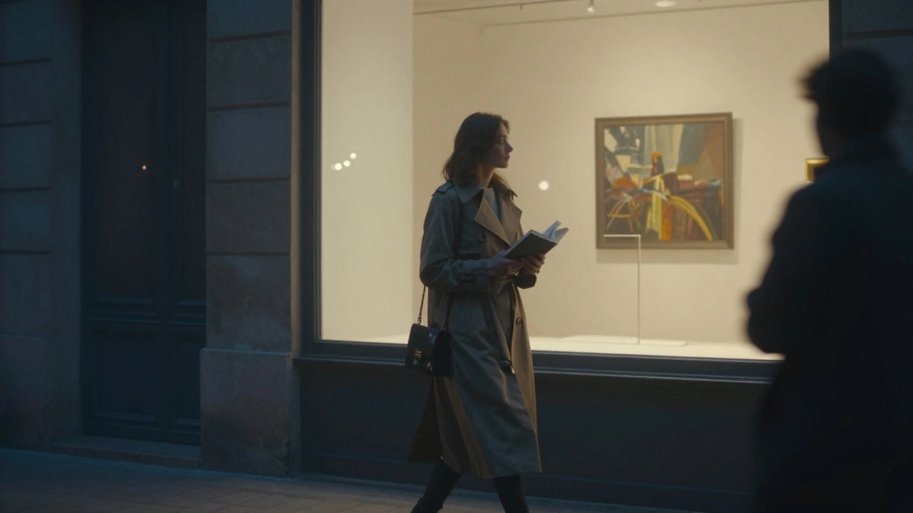 Woman in trench coat walking through Le Marais at night, art gallery reflection visible.