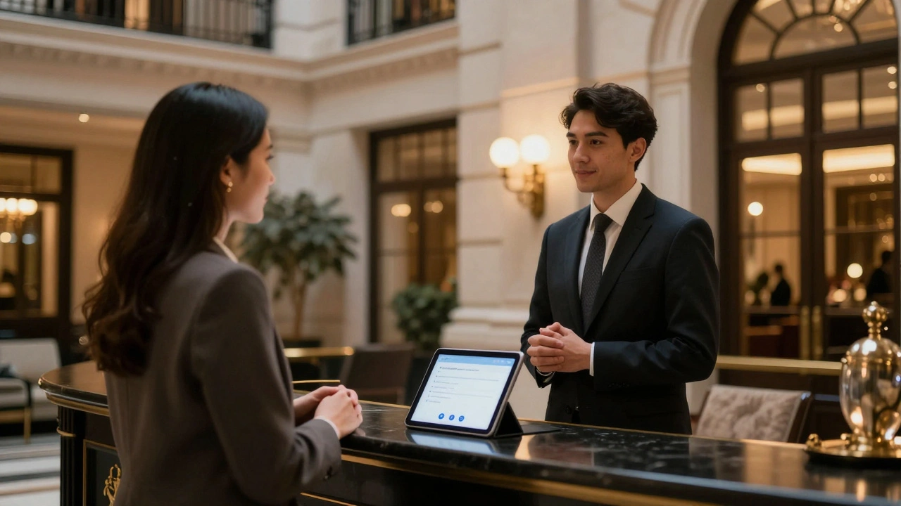 A client and performer meeting politely in a luxury London hotel lobby, with a payment confirmation visible on a tablet.