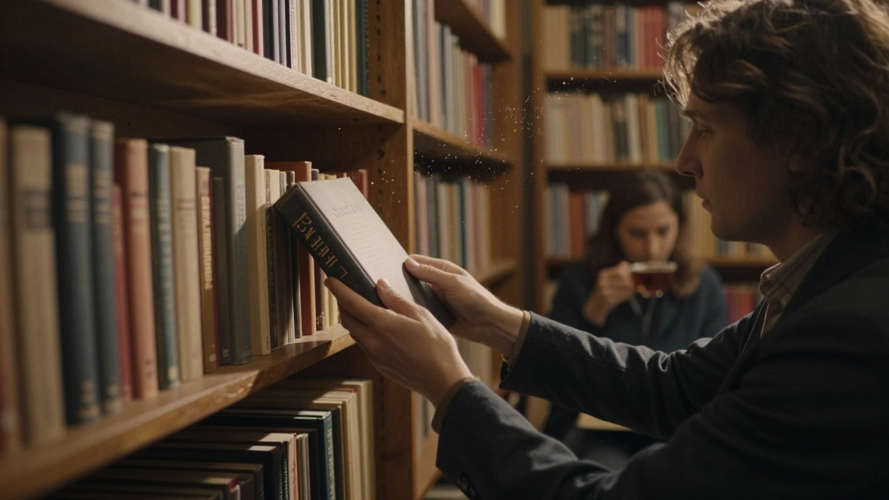 A companion and client share a quiet moment in a cozy Parisian bookstore.