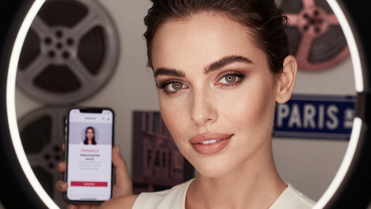 A confident woman with elegant makeup is softly lit in a studio, surrounded by subtle hints of her professional world.