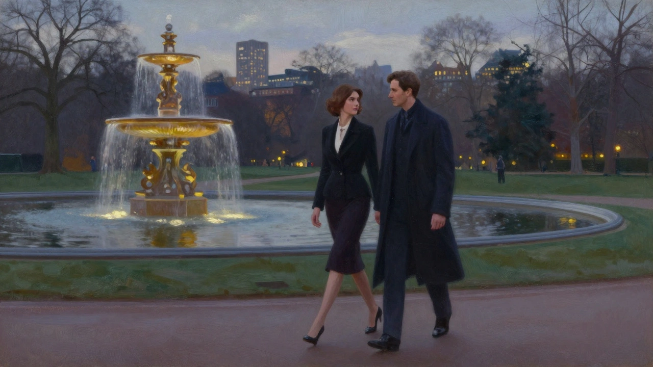 A couple walking peacefully through Hyde Park at dusk, sharing companionship.