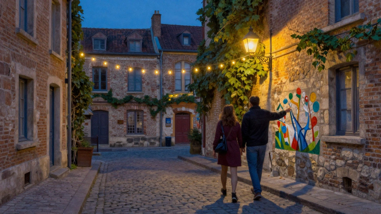 A couple walking through a quiet Paris courtyard at twilight, shadows stretching under string lights.
