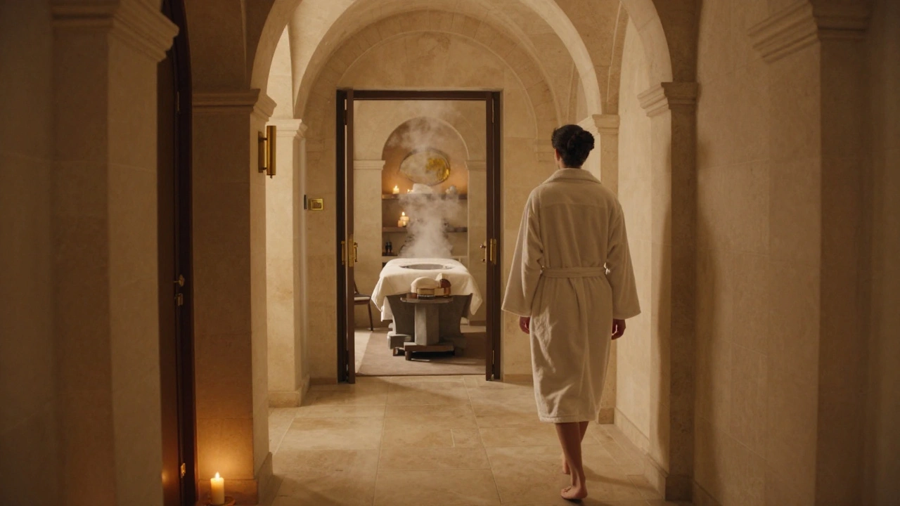 A guest in a robe walks through a luxurious Parisian hotel spa corridor with candlelight and stone arches.