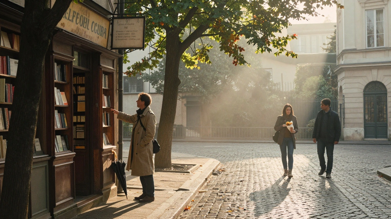 A hidden bookstore in the Latin Quarter at sunrise, sunlight filtering through trees.