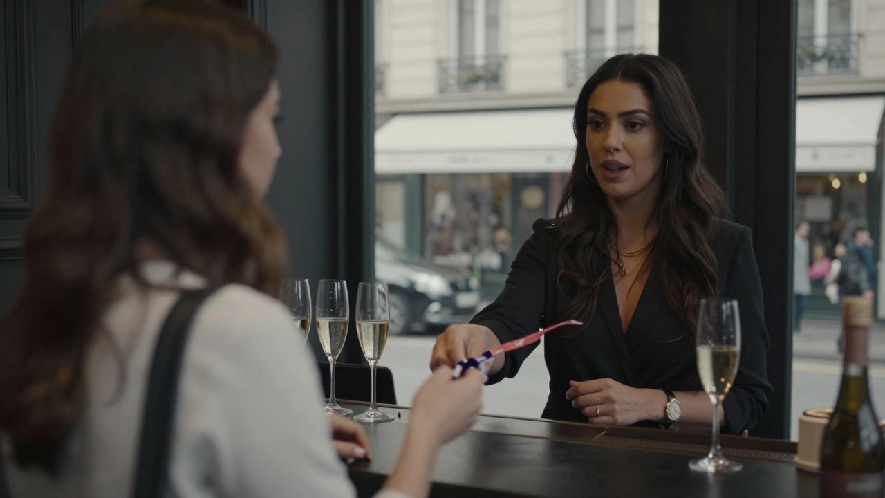 A host gives a wristband to a visitor at the entrance of a discreet adult club in Paris.