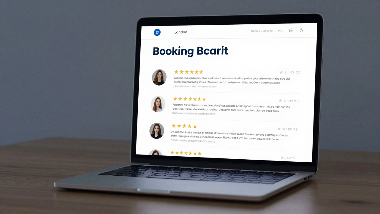 A laptop screen displaying verified client reviews for Russian escorts in London, emphasizing trust and professionalism.