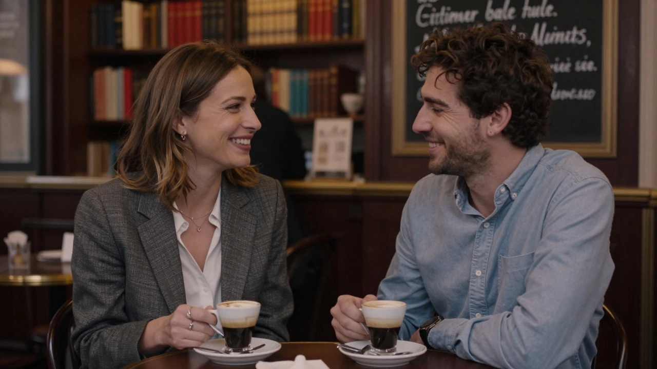 A man and woman share a quiet, intimate moment over coffee in a Parisian café at twilight.