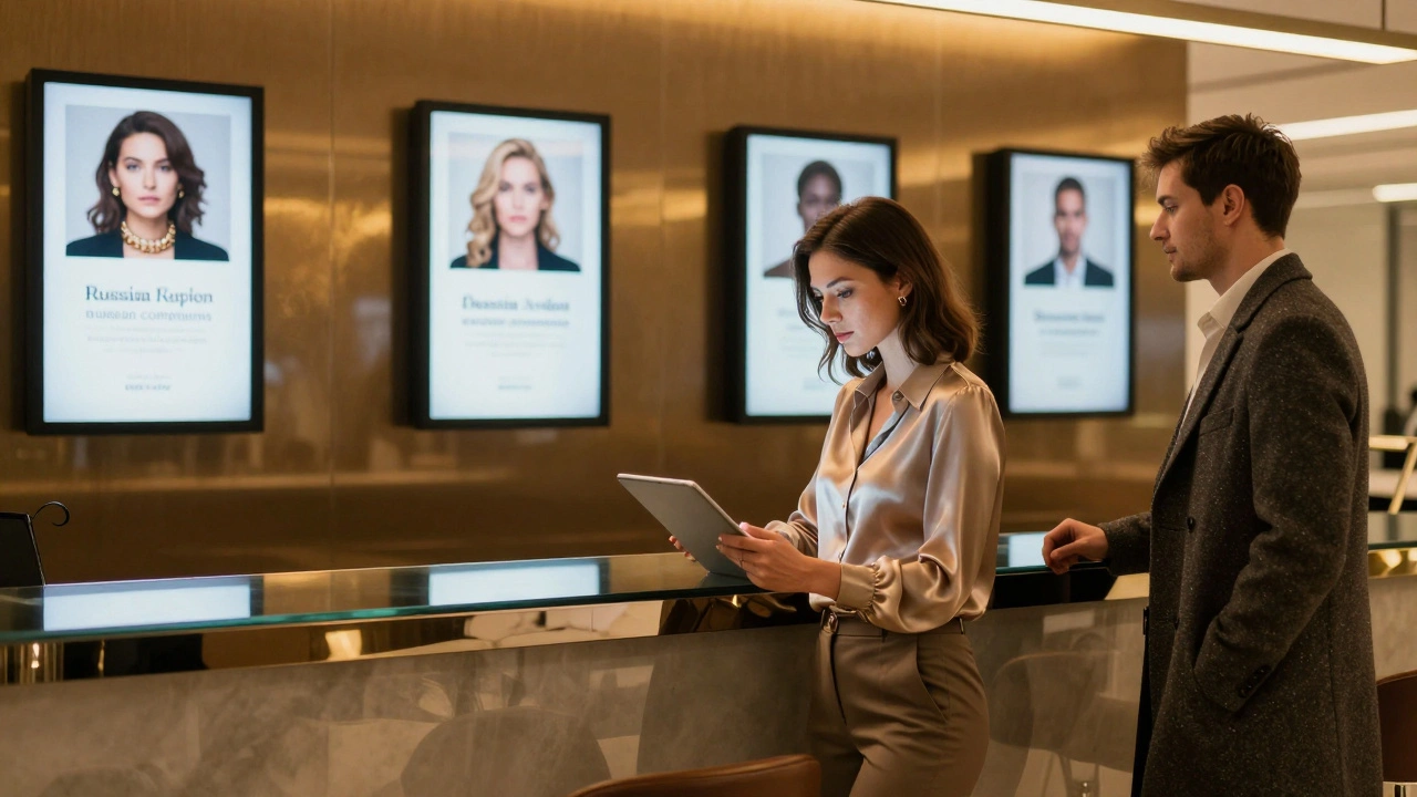 A professional London escort agency lounge with discreet digital profiles and a client waiting.