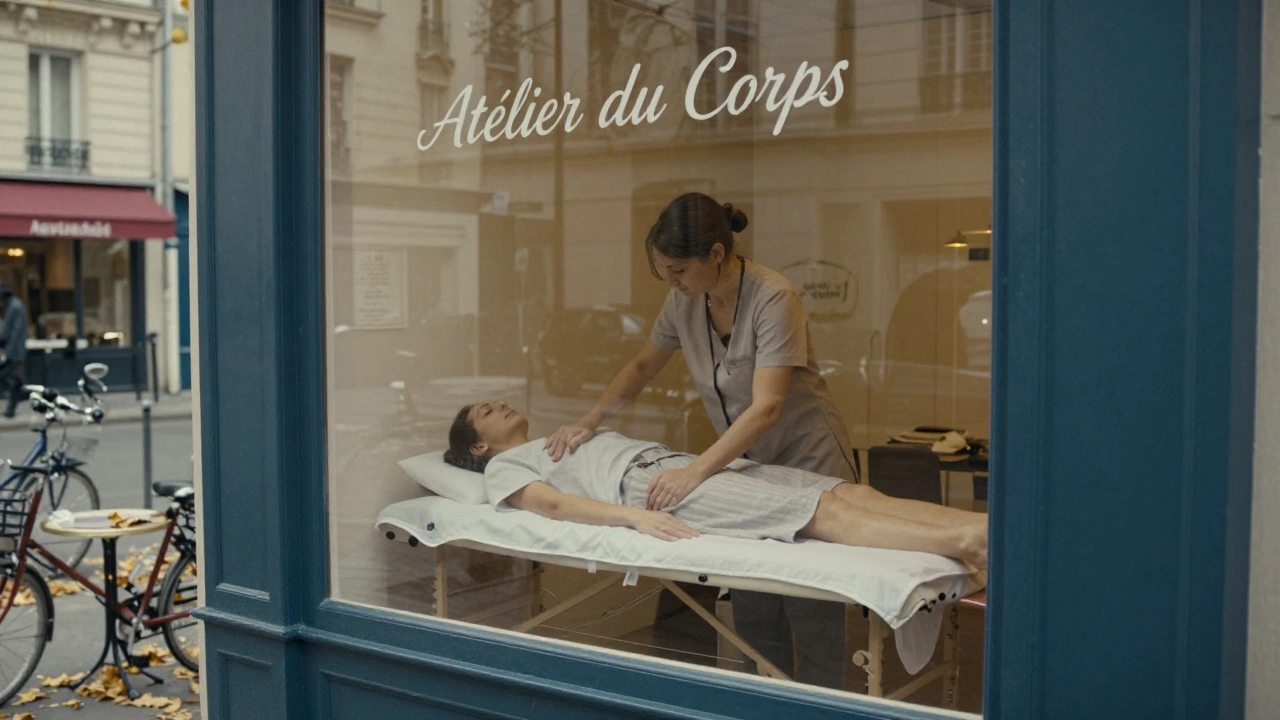 A quiet massage studio in Paris with a small sign, therapist preparing a table, and autumn leaves outside the window.