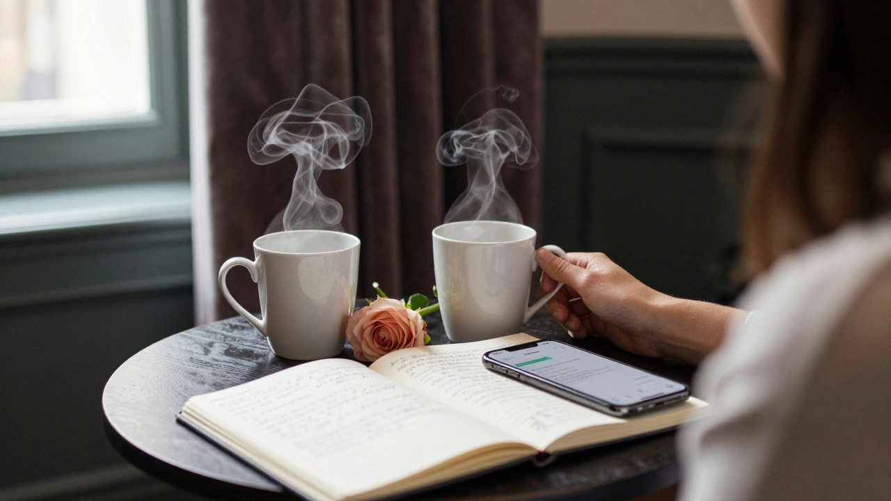 A quiet moment in a hotel room with coffee and a secure message app, emphasizing conversation and connection.