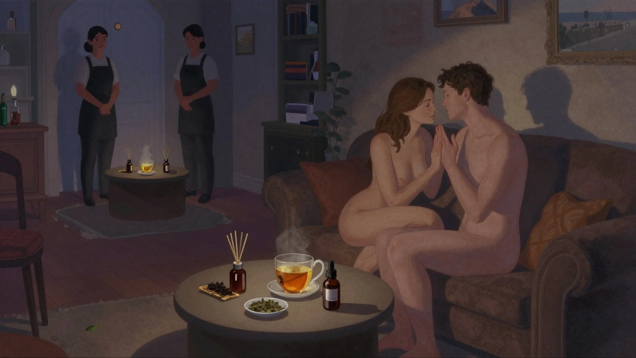 A sensory play room with colored lights, couples touching gently, and herbal tea on a table.