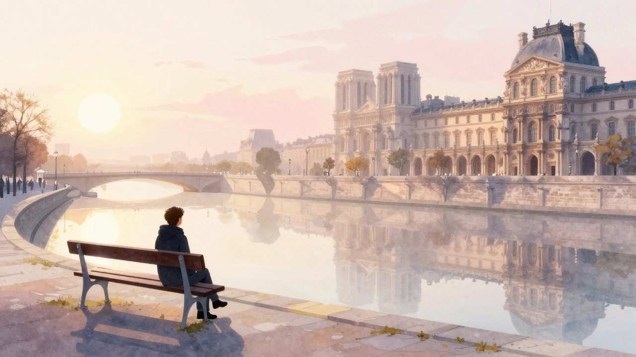 A solitary figure sits by the Seine at sunrise, their reflection showing a second presence in the water.