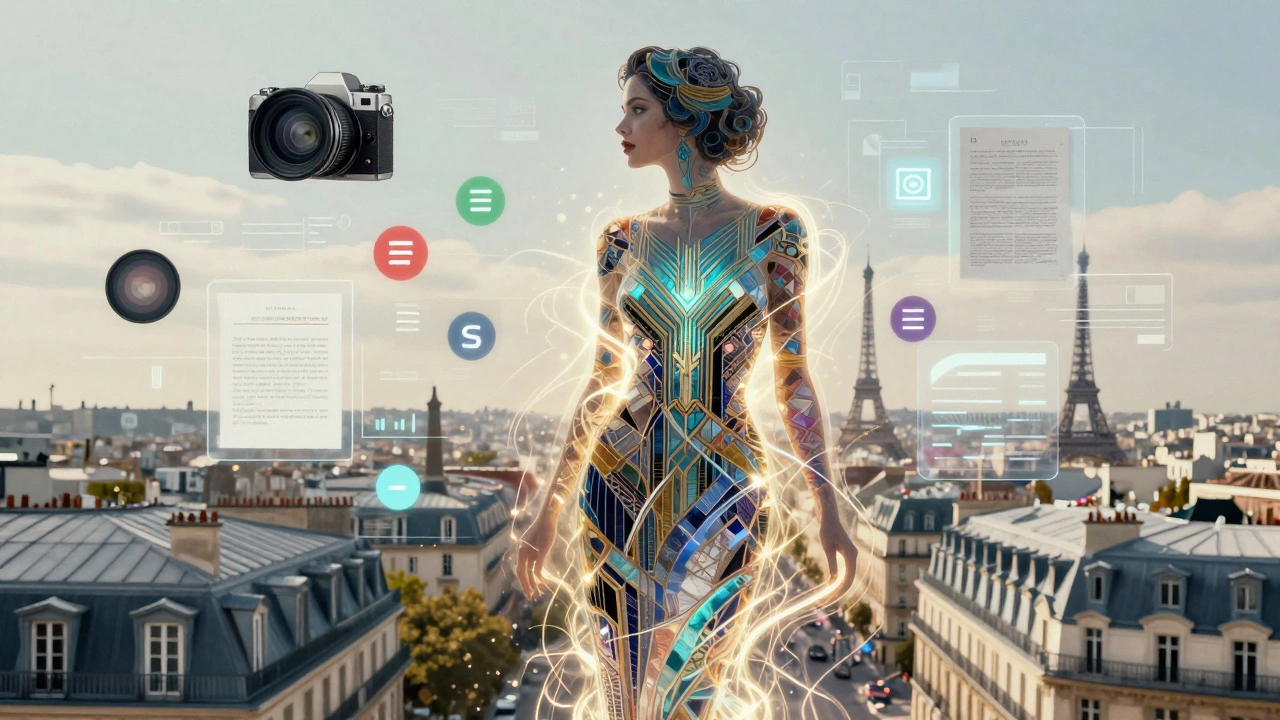 A stylized silhouette of a woman made of light and digital elements, merging Parisian architecture with icons of online content creation.