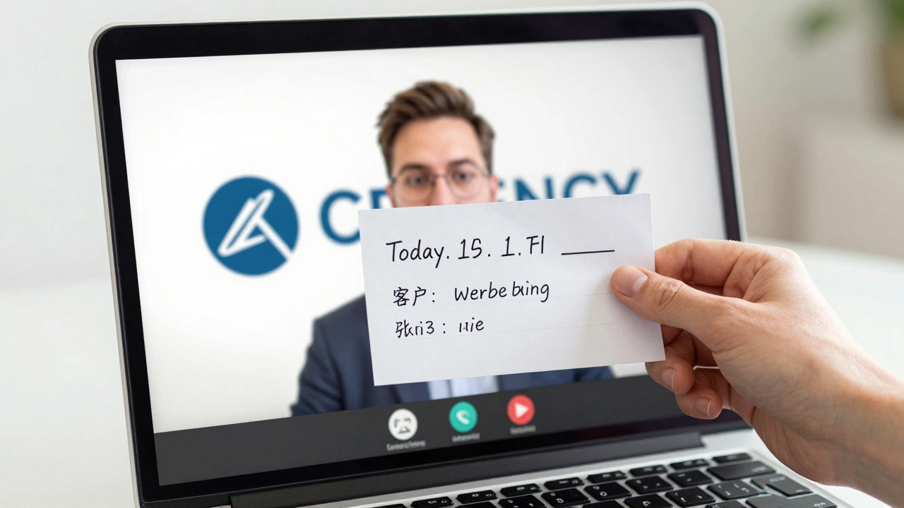 A video call screen displaying a performer holding a handwritten note with date and username for identity verification.