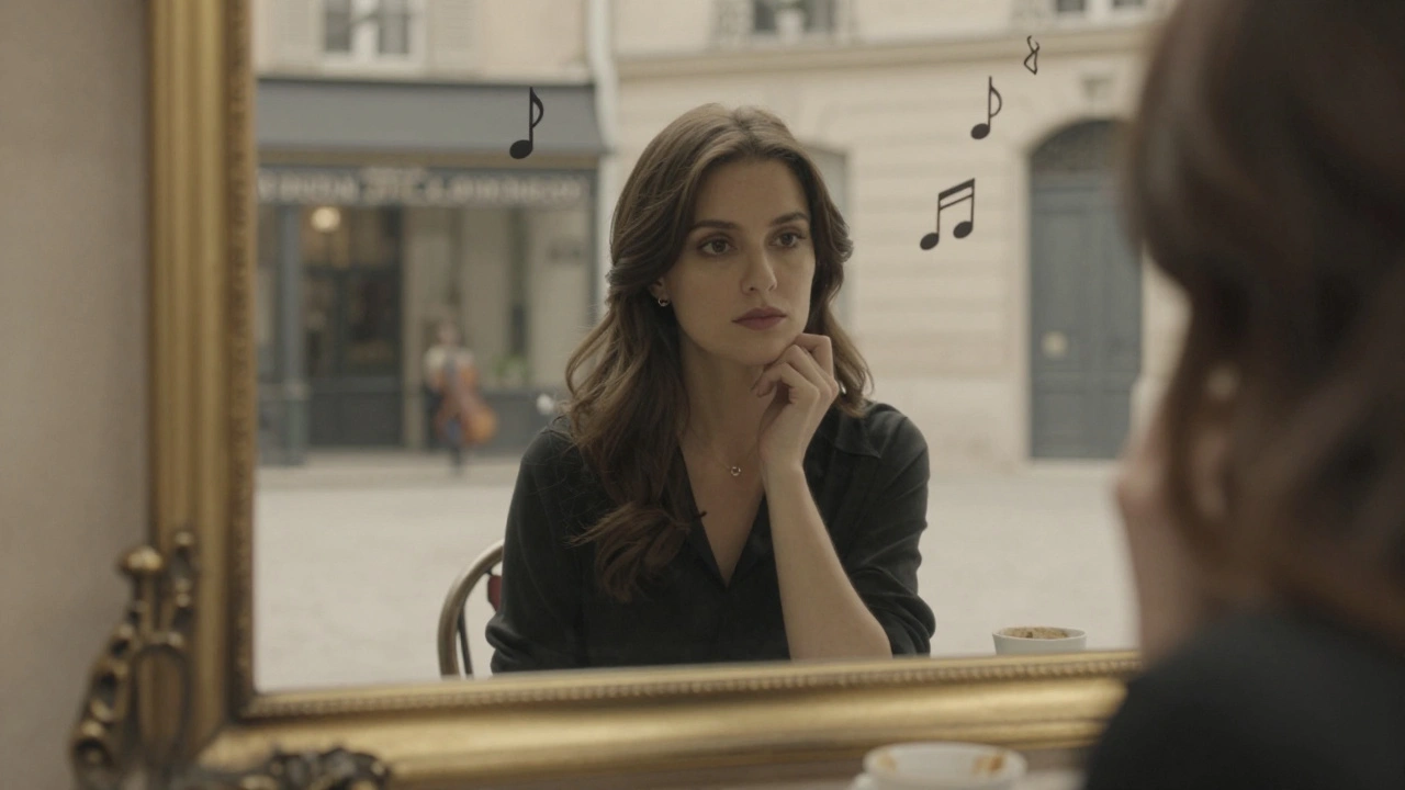A woman's reflection in a brass frame shows the viewer's face, surrounded by hidden Parisian courtyards and soft jazz lighting.