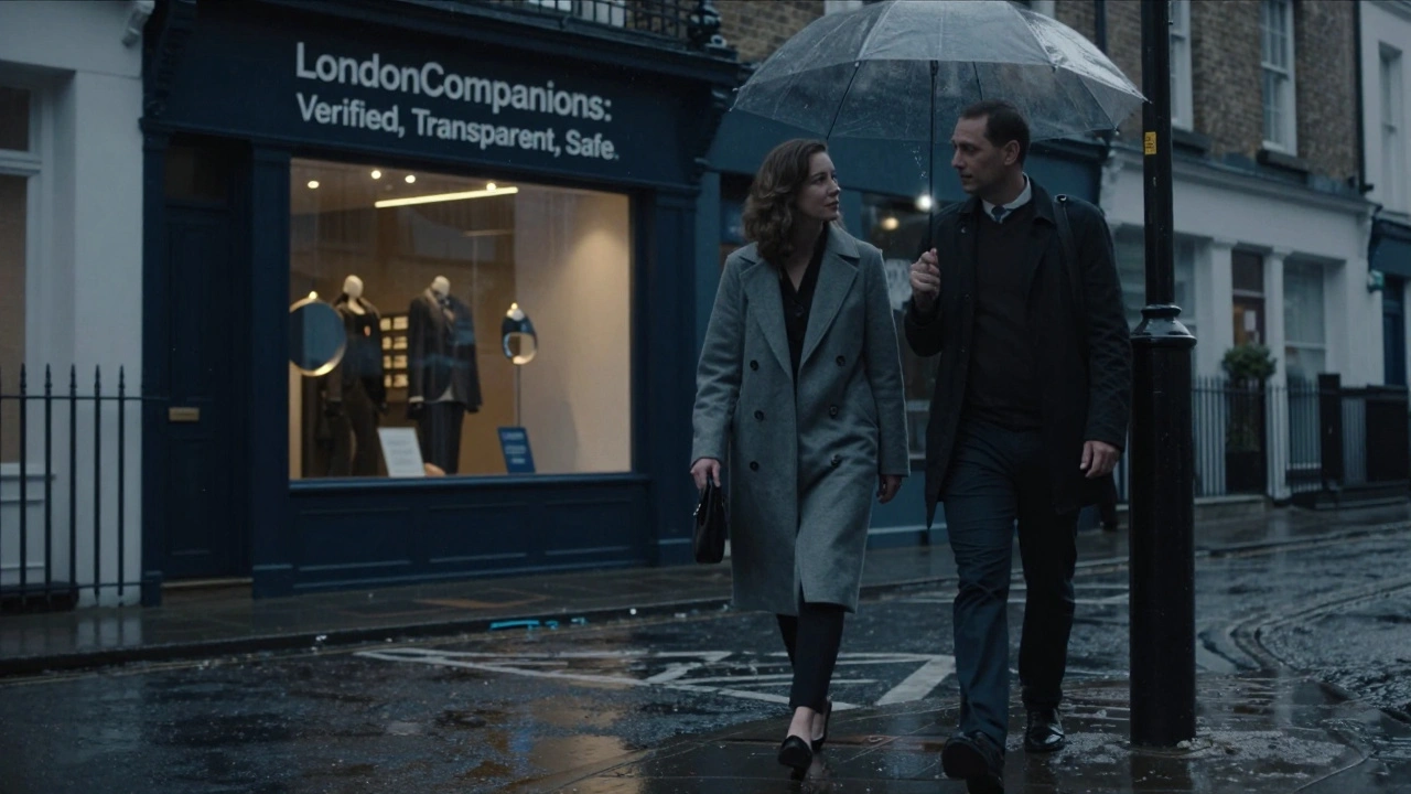 A woman and client walk side by side in a rainy London neighborhood, sharing a calm, connected moment.