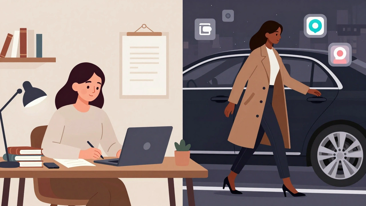 A woman balancing study and professional work, shown in a split digital scene with subtle app icons floating nearby.