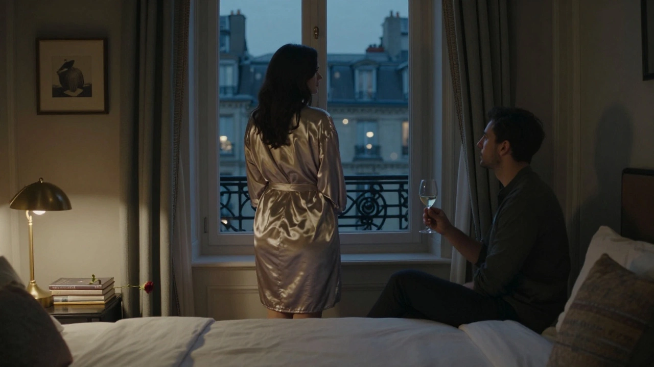 A woman in a silk robe standing by a hotel window in Paris, city lights glowing softly outside.