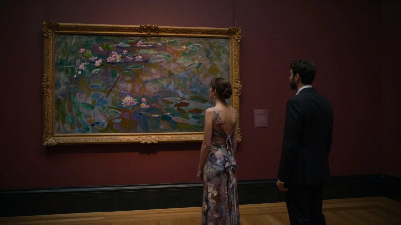 A woman in an elegant gown stands beside a Monet painting in the empty Musée d’Orsay, sharing a quiet moment with a man.