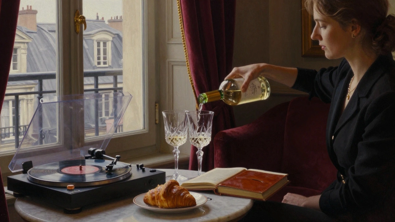 An elegant Parisian lounge at night with wine, a book, and soft lighting, no faces visible.