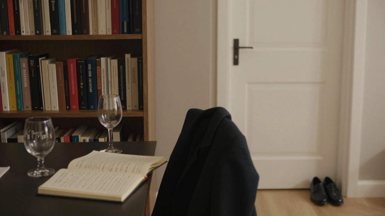 An empty yet lived-in apartment room with books, wine, and a coat, suggesting quiet human connection.