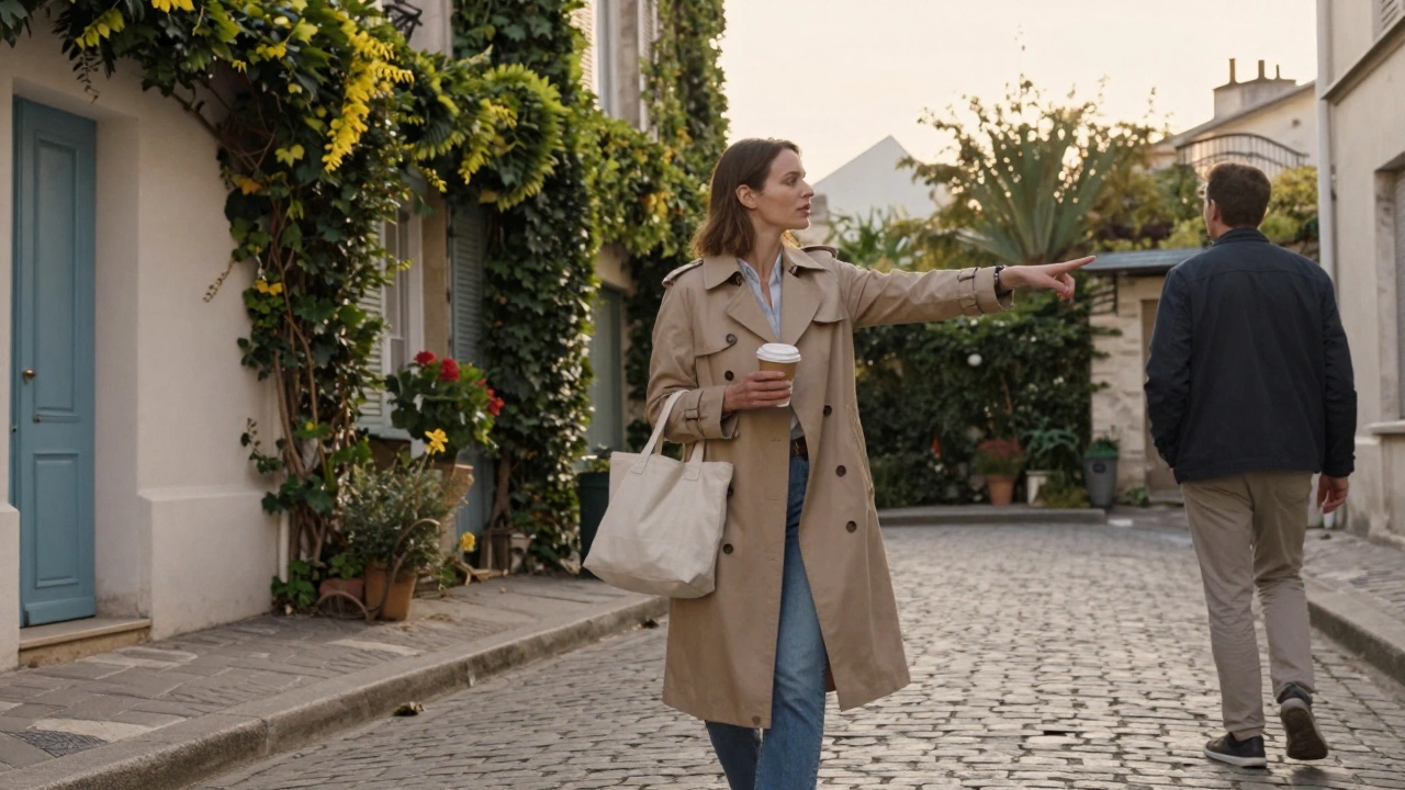 An escort showing a client a hidden courtyard in Montmartre during golden hour.