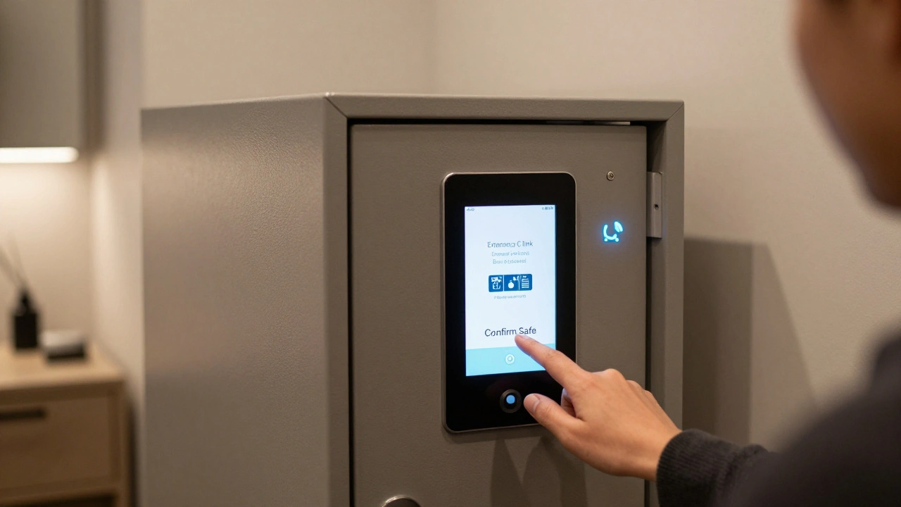 Client confirming safety via digital kiosk in a modern private suite with location-sharing icon visible.