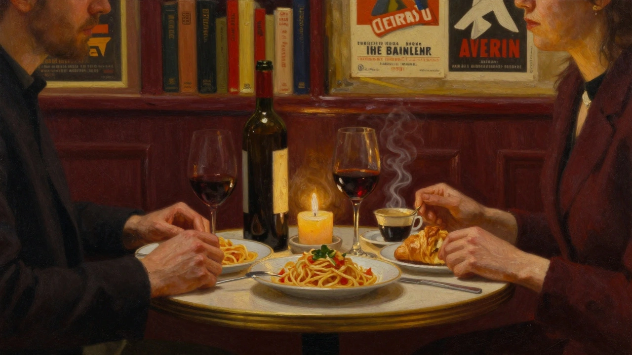 Intimate dinner at a cozy Parisian bistro with wine, bread, and candlelight.