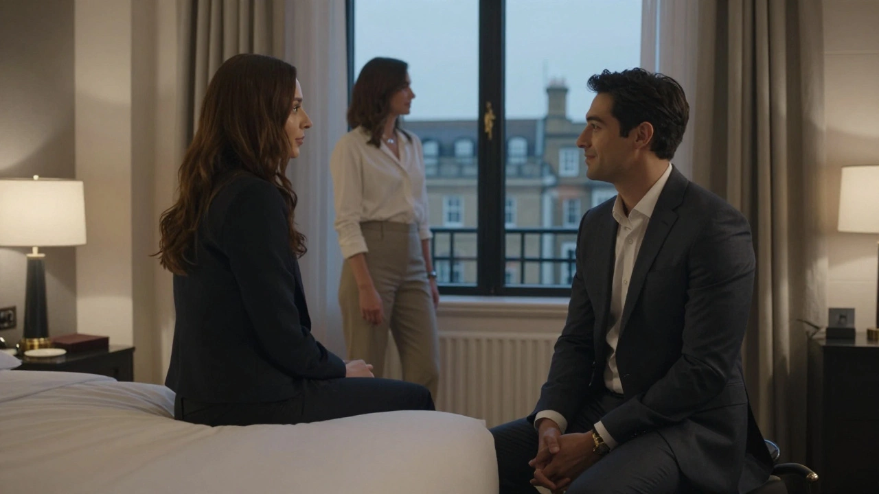 Man and woman in a luxury hotel room, relaxed and respectfully interacting.