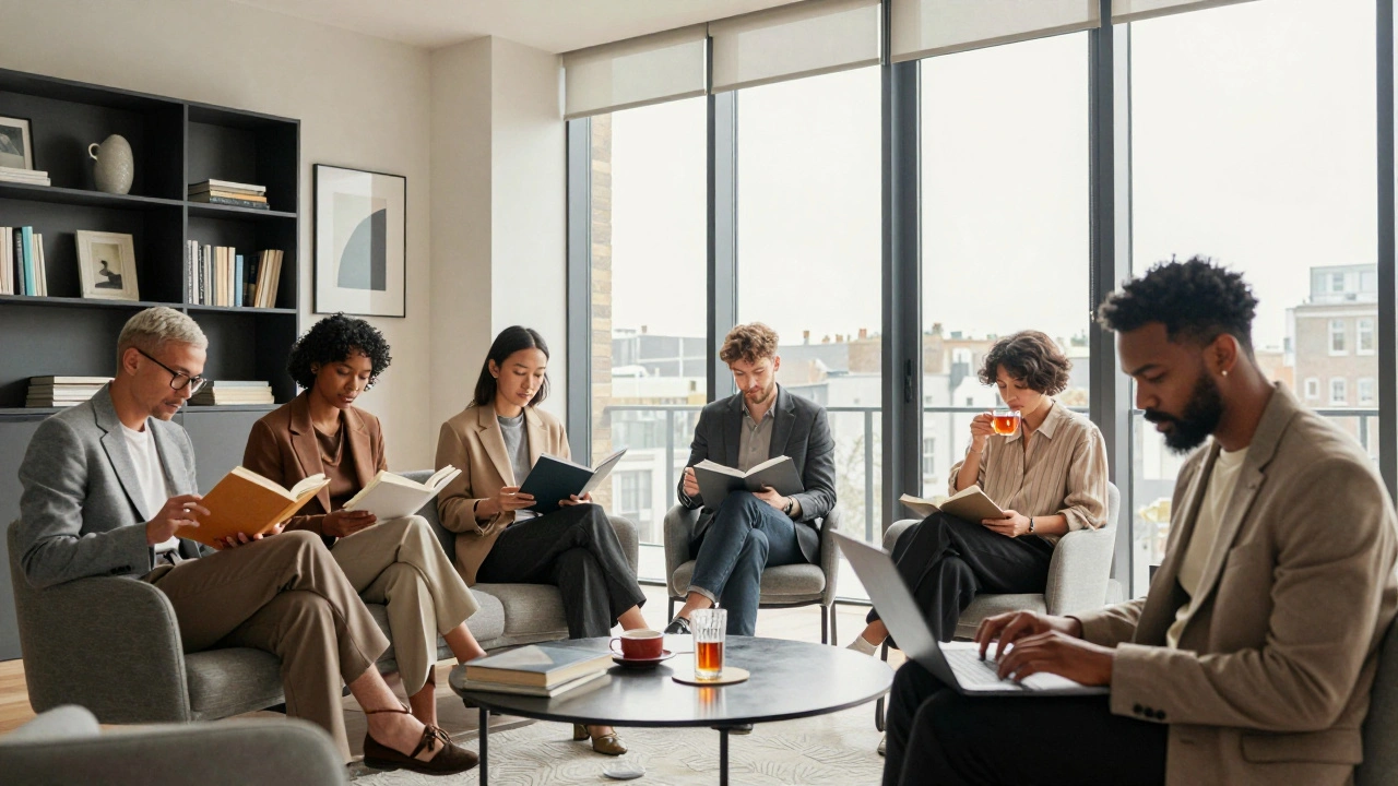 Professional companions in a Mayfair apartment, each engaged in quiet, independent moments.