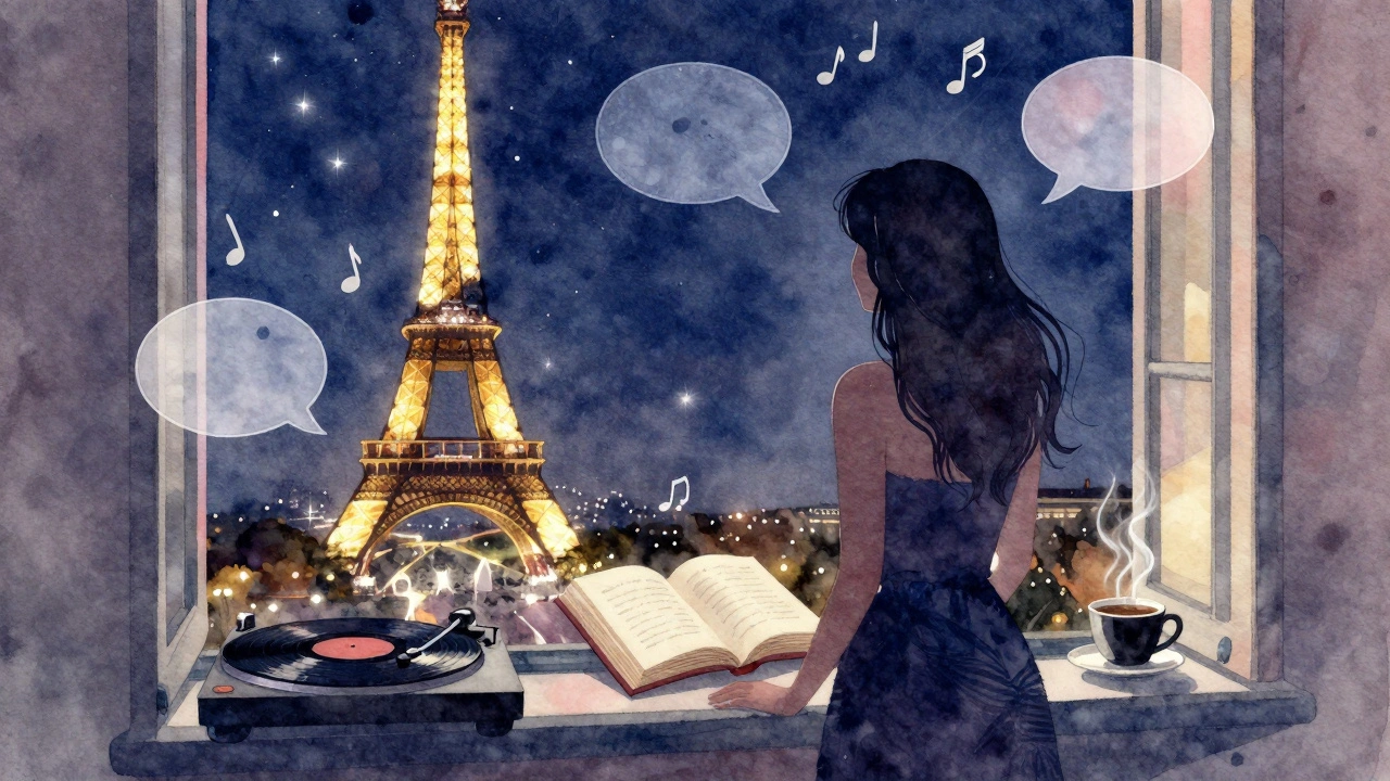 Silhouette of a woman by a window with Eiffel Tower lights, vinyl record, and book.