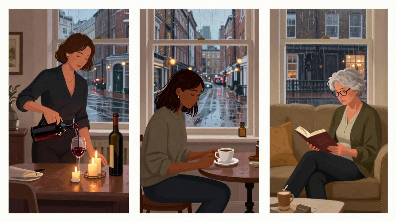 Three escort professionals in different London settings—Mayfair, South Kensington, Brixton—each engaged in quiet, meaningful moments.