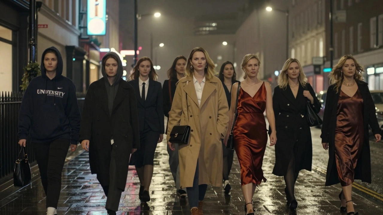 Three Russian women in London, each dressed differently, walking alone through rainy streets at night, exuding quiet strength and independence.