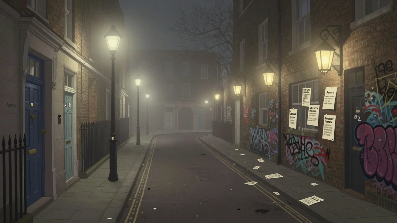 Two contrasting paths in a foggy London street symbolizing agency vs independent escort choices.