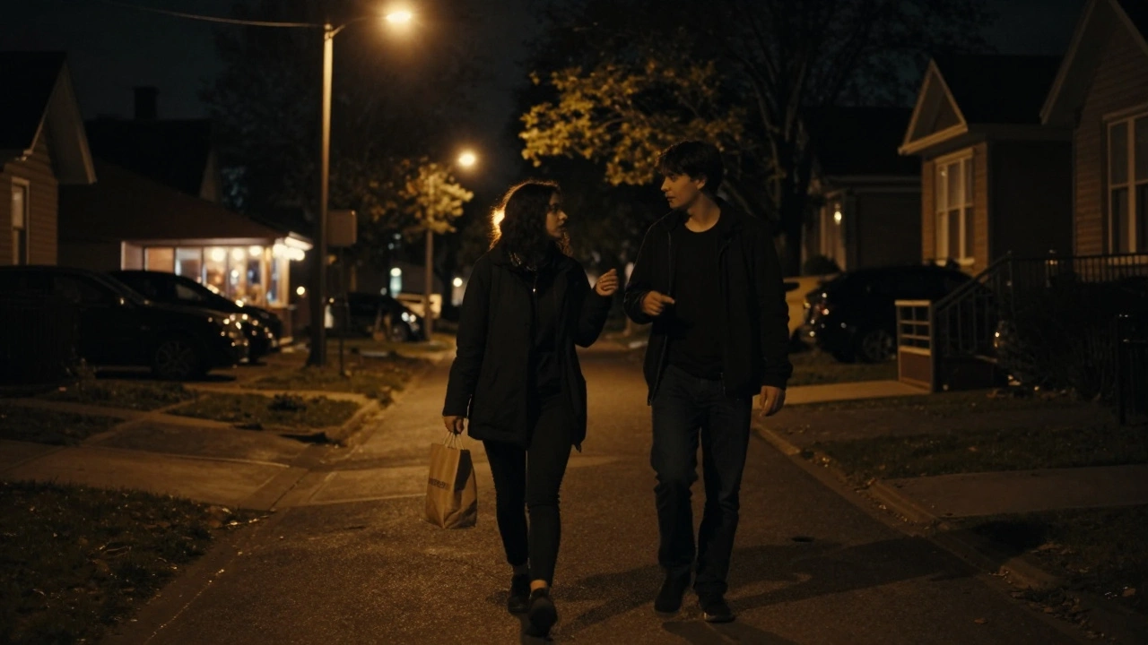 Two figures walking at night in a quiet Paris neighborhood, softly lit by streetlamps under trees.