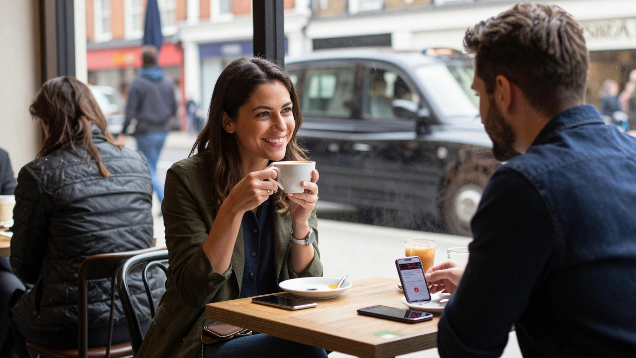 Two people having a relaxed coffee meeting in a London café, natural and authentic interaction.