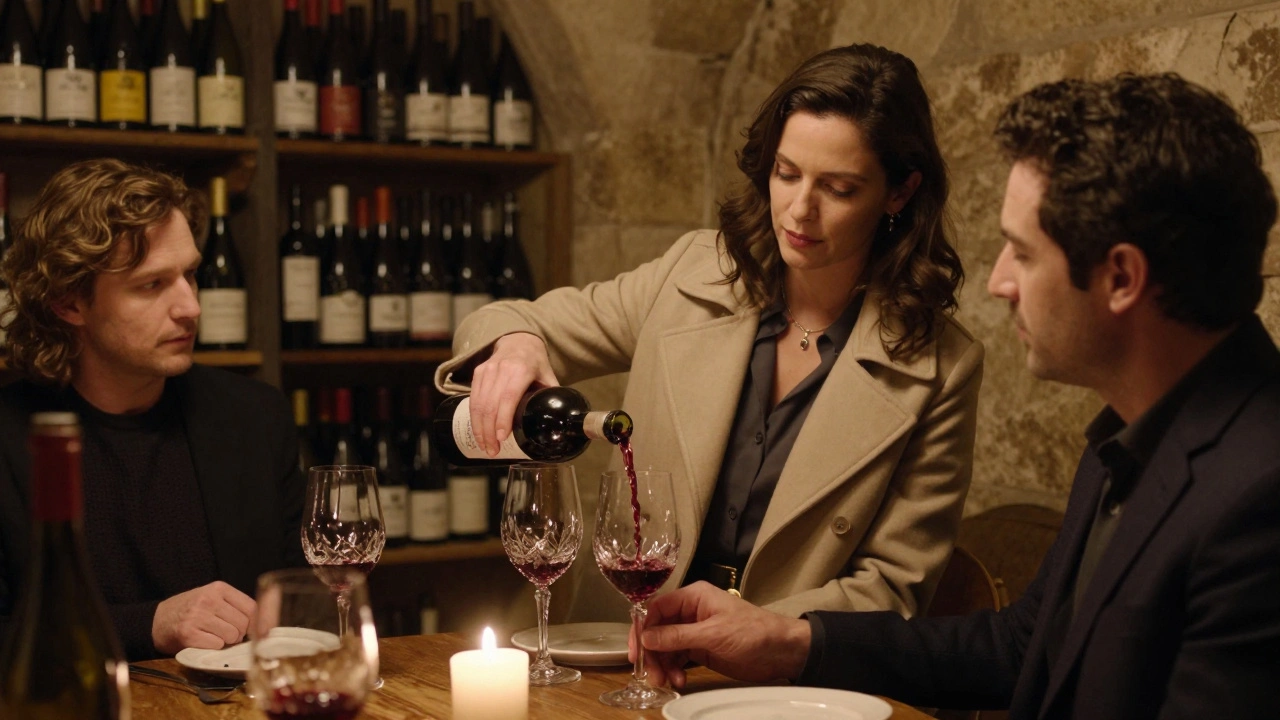 Two people share a quiet wine tasting in a candlelit stone cellar, surrounded by aged wine bottles.