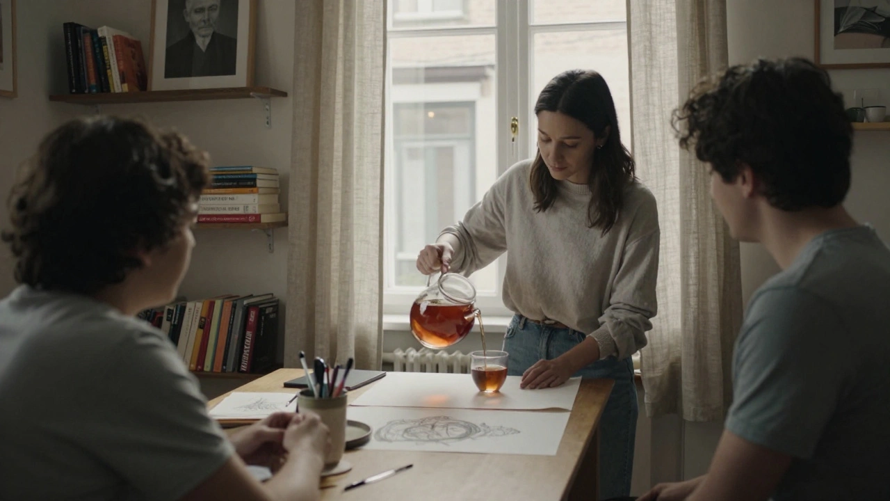Two people sharing quiet tea in a modest apartment, books and art visible in the background.