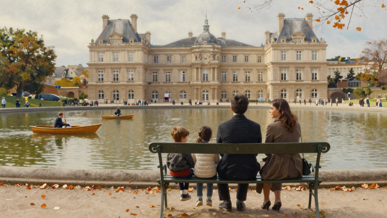 Two people sit peacefully on a bench in Luxembourg Gardens, watching children sail boats.