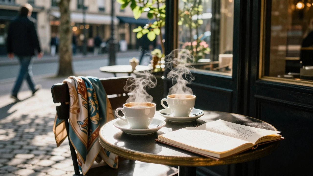 A café corner in the 17th with two coffee cups and a silk scarf left on a chair, sunlight filtering through trees.