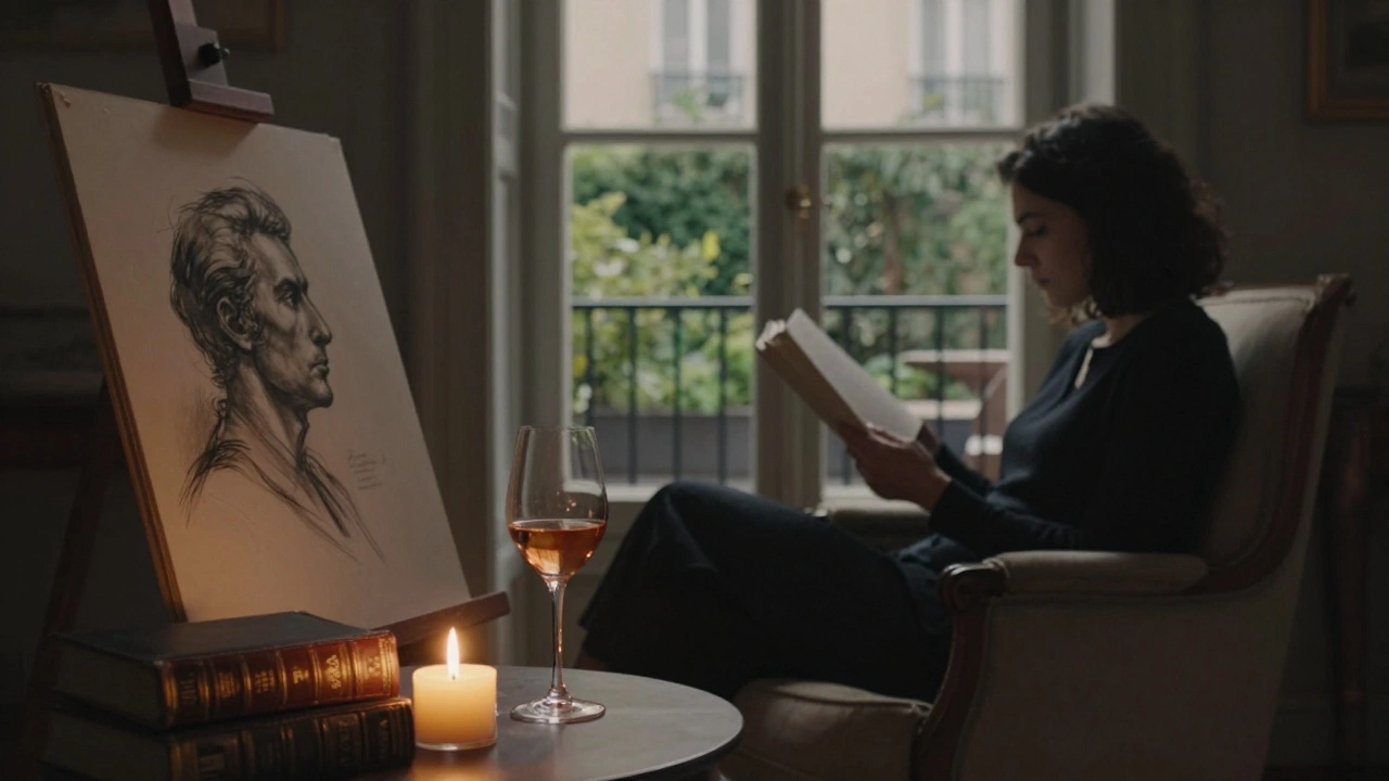 A candlelit Paris apartment with books, wine, and a woman reading aloud in the soft glow of a window.