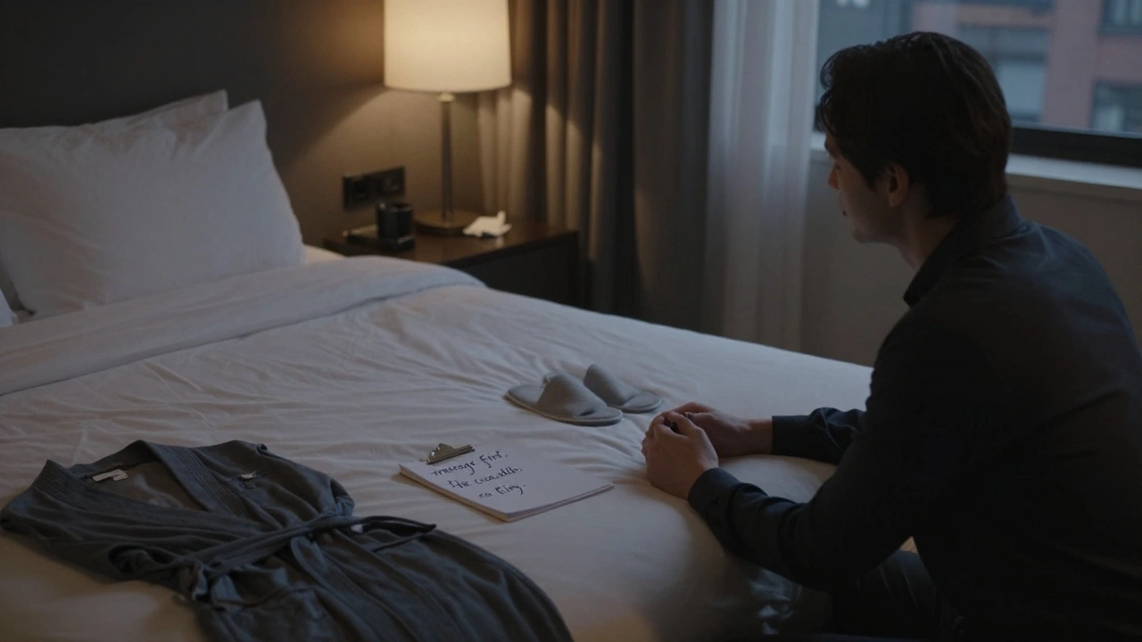 A client and escort sitting together in a hotel suite, discussing preferences respectfully without physical contact.