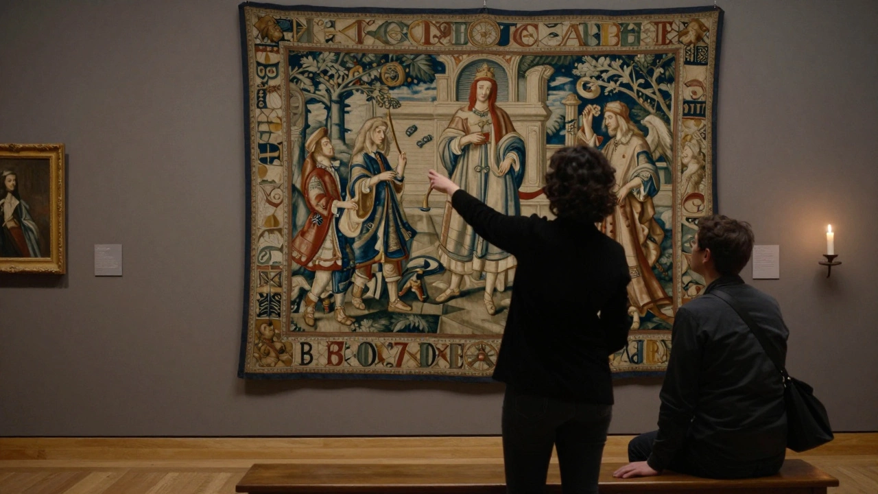 A companion points to a historic tapestry in a quiet Parisian gallery, while a guest listens attentively in soft museum light.