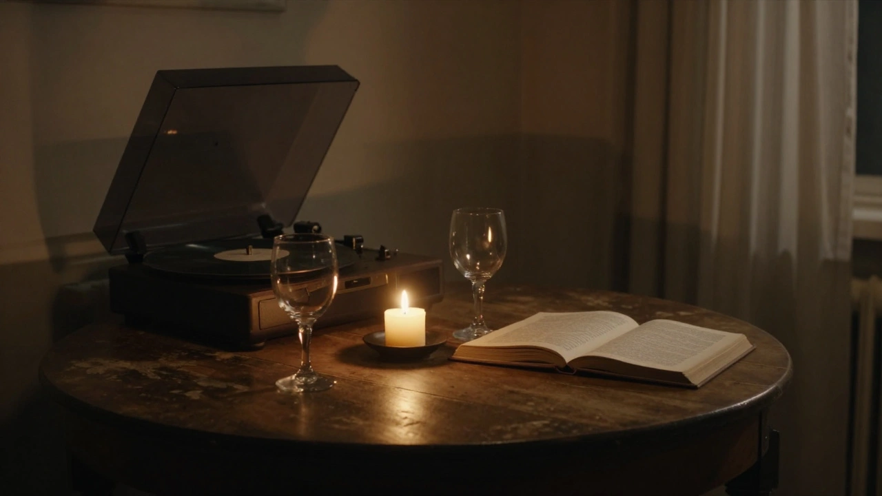A cozy private apartment interior with candlelight, wine glasses, and a record player, evoking quiet companionship.